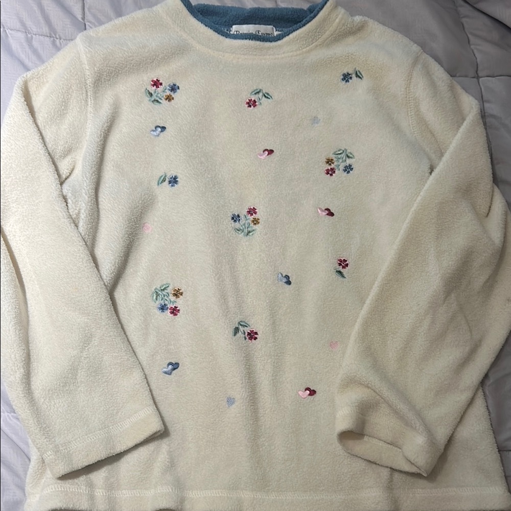 Cream Crew Neck Sweater with Floral Embroidery